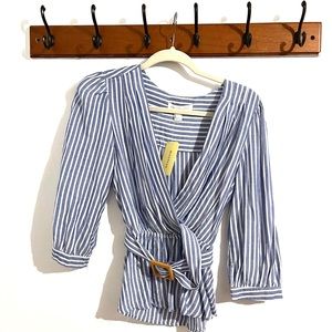 Monteau NWT belted soft v neck blouse 3/4 length sleeve blue+white striped Small